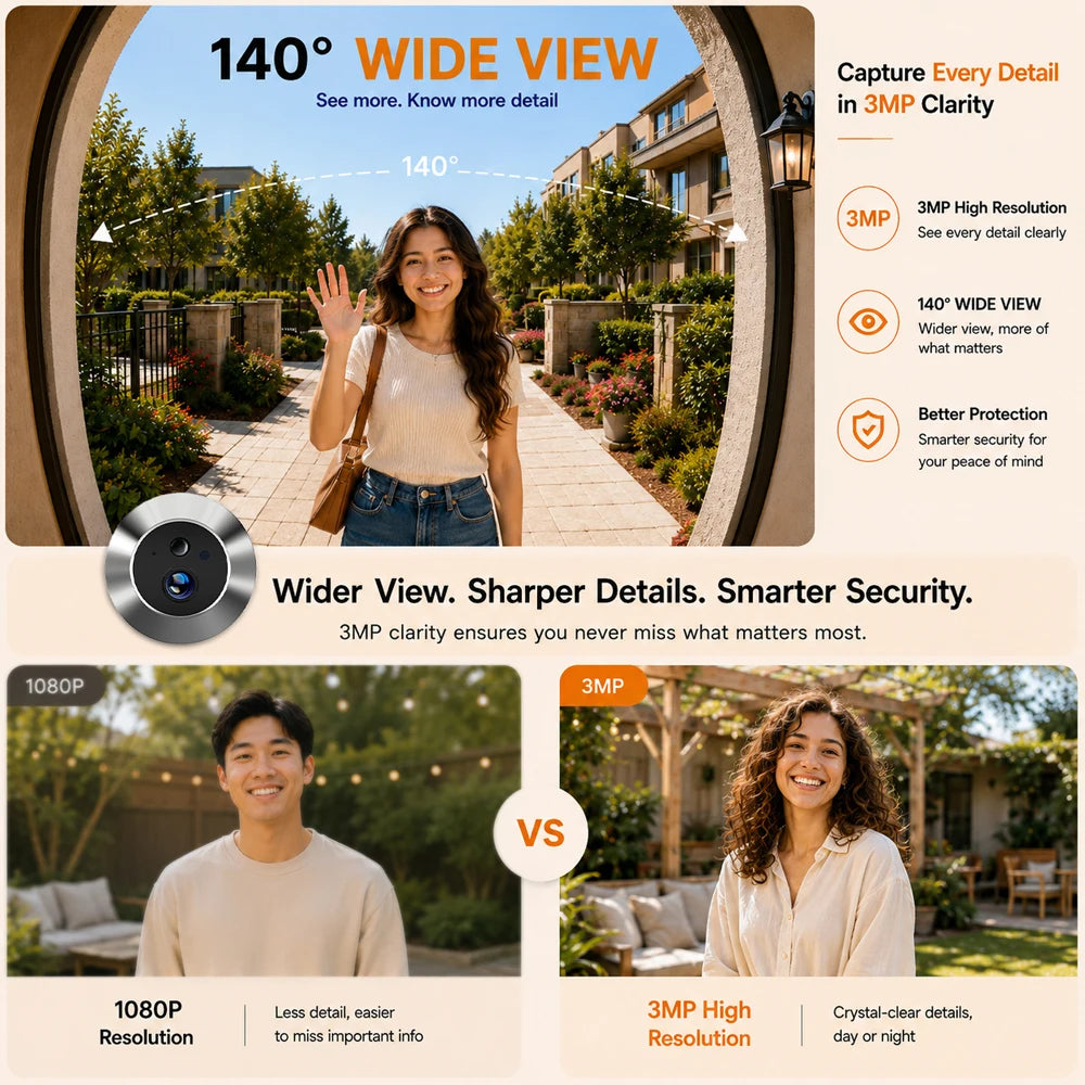 Tuya WiFi 3MP Smart Peephole Door Camera With Monitor - Solar Guard